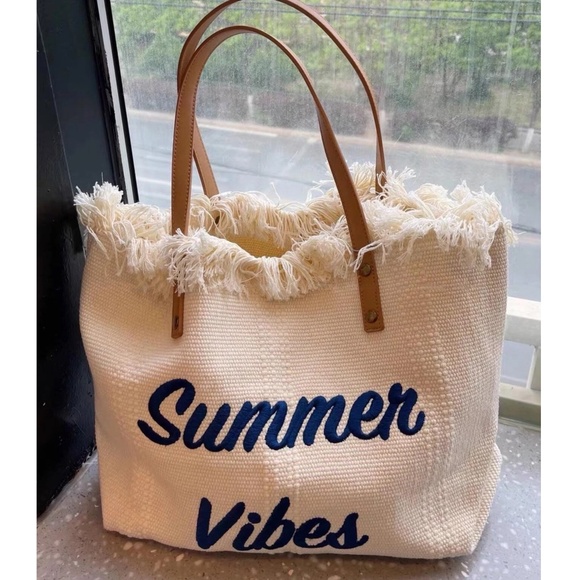 Luxe Vegan Leather Straps Summer Vibes Large Travel Beach Bag - Picture 4 of 10